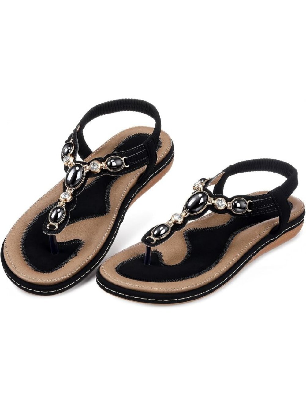 Women's Black Rhinestone T-Strap Thong Flats Arch Support Pearl Crystal Sandals